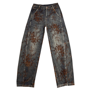 潮牌轻奢植绒刺绣牛仔裤男秋冬新款复古做旧直筒弯刀裤宽松长裤子