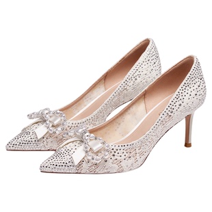 蹀愫新中式尖头高跟鞋婚鞋珍珠晚宴单鞋女TA54560-81