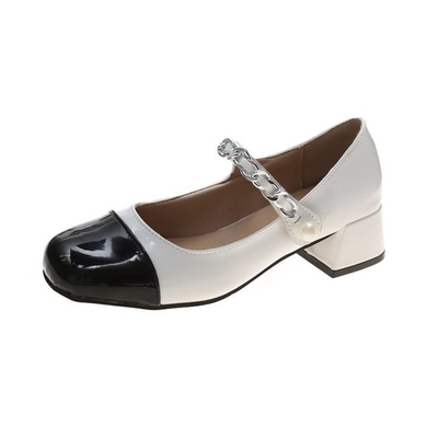 小香风魔术贴珍珠复古中跟小皮鞋