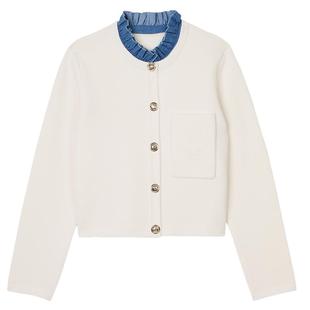 SANDRO秋冬女装法式气质时尚白色木耳花边立领亮色扣上衣针织开衫