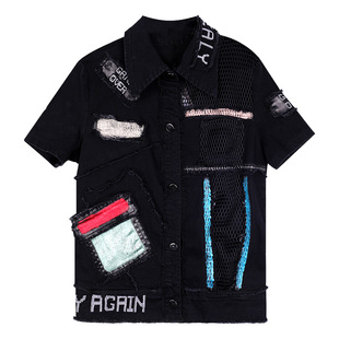 欧货帅气个性短袖外套女2026夏季网纱拼接牛仔上衣帅气休闲时髦潮