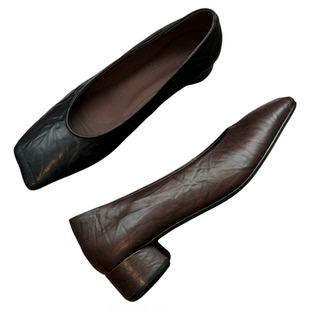 F07真皮单鞋2025秋季新款小方头粗跟小皮鞋气质法式复古女鞋