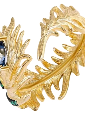 设计师款开口可调节戒指鸾鸟之翎羽小众设计925银天然托帕石戒指