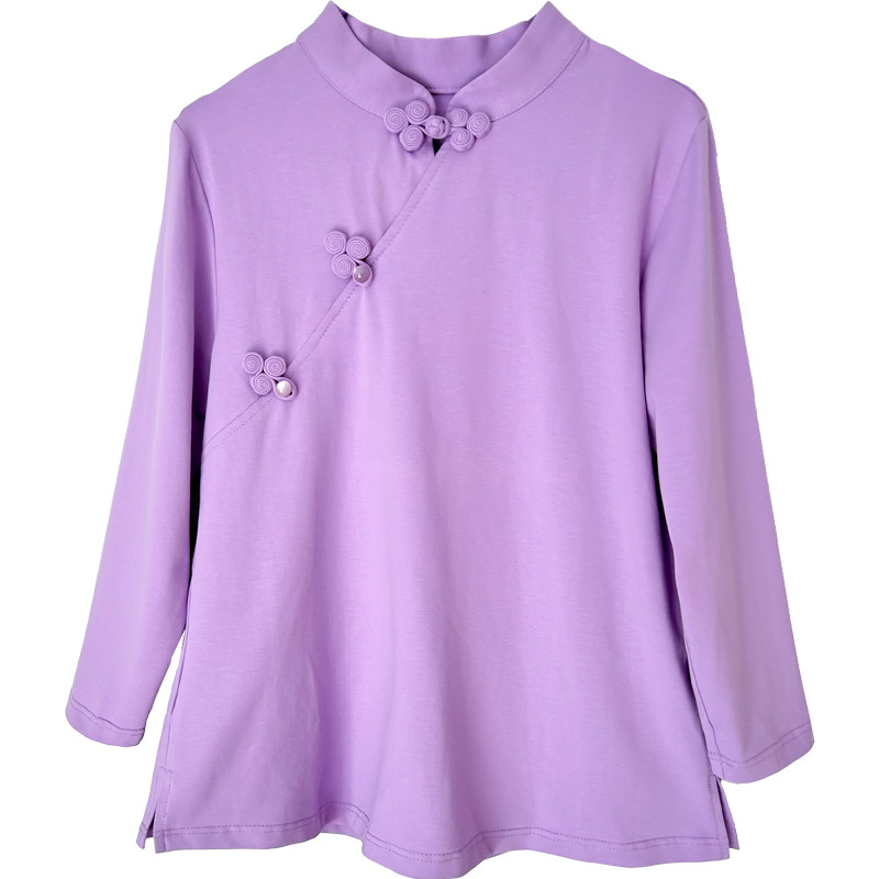 新中式T恤立领盘扣女士春季七分袖打底衫复古茶服女汉服纯棉上衣