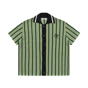 EMPTY REFERENCE 美式复古镂空质感翻领度假编织拼色条纹短袖衬衫