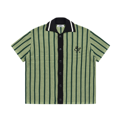 EMPTY REFERENCE 美式复古镂空质感翻领度假编织拼色条纹短袖衬衫