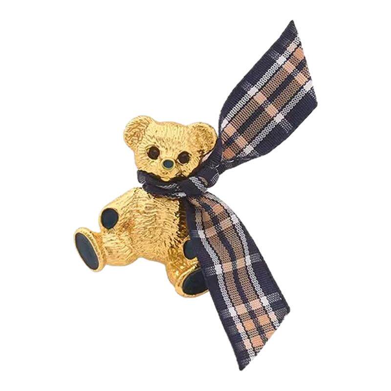 棋盘格丝带蝴蝶小熊胸针