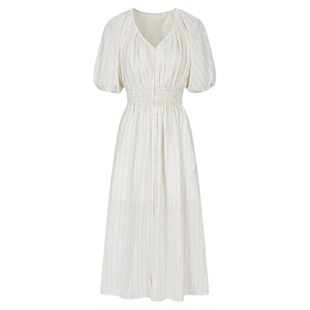 MOUSSY 春季新品法式优雅V领条纹衬衫连衣裙女028JSX33-1023