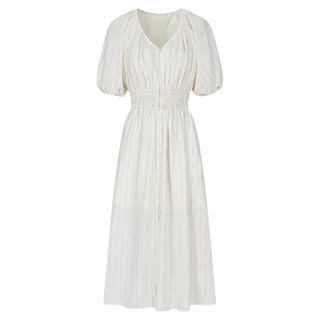 MOUSSY 春季新品法式优雅V领条纹衬衫连衣裙女028JSX33-1023