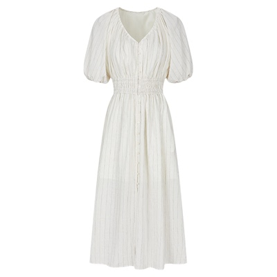 MOUSSY 春季新品法式优雅V领条纹衬衫连衣裙女028ISA33-1002