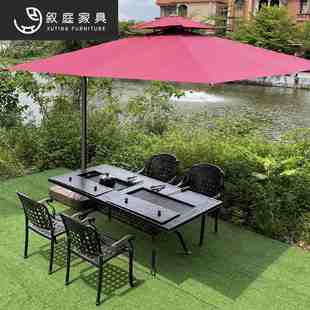 户外桌椅铸铝烧烤桌庭院花园露天铁艺家用电无烟烤炉餐桌组合家具