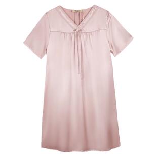 美标真丝睡衣女士100%桑蚕丝睡裙家居服夏季大码宽松短袖圆领蕾丝