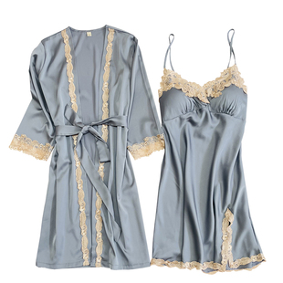 2023新款睡衣女春性感两件套丝绸睡裙夏季薄款吊带冰丝睡袍带胸垫