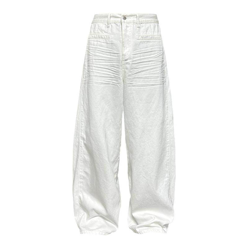 JCAESAR WHITE DENIM压褶白色阔腿牛仔裤 立体抓痕猫须 baggy版型