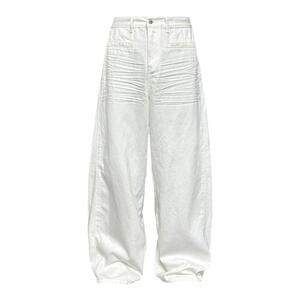 JCAESAR WHITE DENIM压褶白色阔腿牛仔裤 立体抓痕猫须 baggy版型