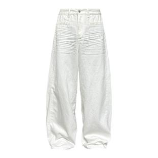 JCAESAR WHITE DENIM压褶白色阔腿牛仔裤 立体抓痕猫须 baggy版型