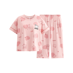 芬腾睡衣女夏季新款纯棉短袖七分裤套装带胸垫休闲全棉女款家居服