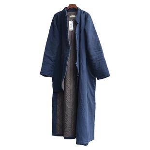 冬亚麻棉袍男立领棉衣中国风大码棉袄长款唐装盘扣大襟斜襟民国