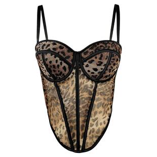 豹纹拼接外穿鱼骨胸衣背心吊带高级感内搭网纱蕾丝透视欧美性感风
