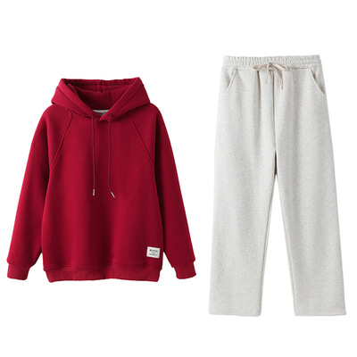 红色亲子装连帽卫衣加绒男女童秋冬季新款韩版小牛角宽松情侣服