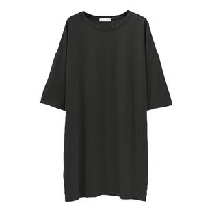 韩版夏季纯棉中长款短袖t恤女大码胖m显瘦宽松圆领光板墨绿色半袖