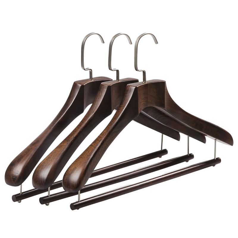 实木衣架侘寂风进口家用榉木加宽加厚原木衣撑皮草裤挂衣帽架裤架