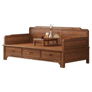 可折叠沙发床新中式老榆木推拉罗汉床小户型客厅实木多功能储物