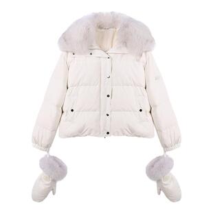 Deessesicile白色狐狸毛翻领鹅绒外套减龄轻奢配手套短款羽绒服女