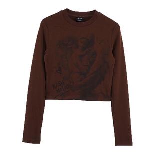 A21女装针织显瘦圆领长袖T恤春秋季潮流时尚涂鸦印花显瘦打底上衣