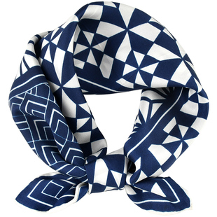 深蓝色几何桑蚕丝丝巾儿童春秋围巾男童女童宝宝真丝护颈小方巾薄