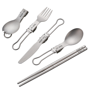 户外露营野炊多功能叉勺纯钛便携折叠汤勺钛餐具刀叉勺子套装筷子