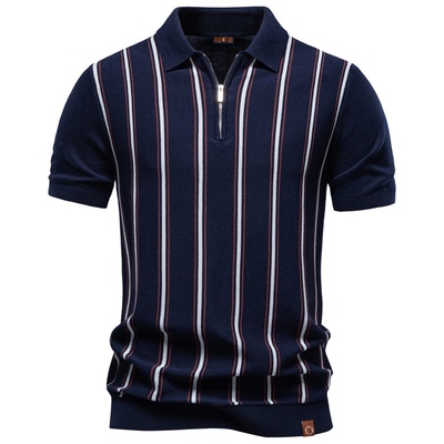 条纹半拉链针织POLO男短袖上衣