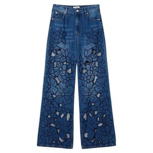 SANDRO2025秋冬女装法式休闲棉质蓝色镂空刺绣花卉阔腿牛仔裤长裤