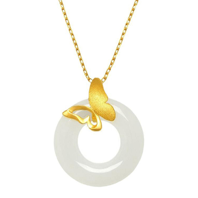 蝶舞女神款925纯银白玉扣环吊坠