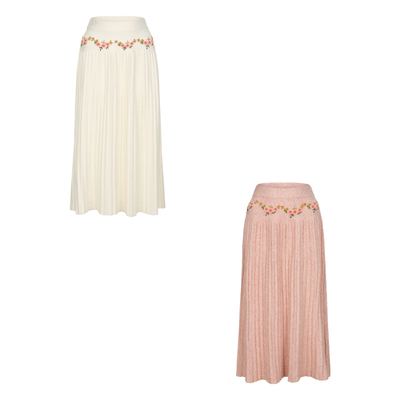 脸儿艺 手工刺绣 法式立体绣  羊毛针织 米白虾粉百褶森女半身裙