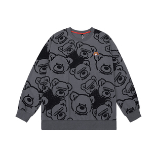 纺布者潮牌春秋新款圆领卫衣男大码宽松小熊印花胖子加肥加大男装