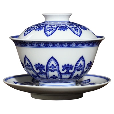 小桥窑仿清青花瓷茶杯盖碗壶承