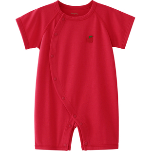 Aengbay宝宝衣服莫代尔夏季短袖新年满月喜庆连体衣婴儿拜冬年服