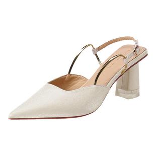 法式绸缎设计感高跟鞋女奶白色婚鞋气质配裙包头凉鞋粗跟伴娘单鞋