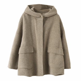 鲤雨高端显瘦大码宽松双面呢子大衣女冬连帽慵懒风绵羊毛短款外套