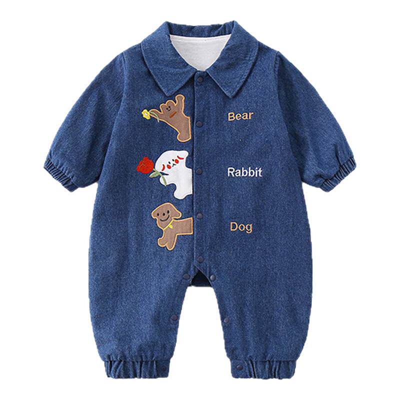 婴儿连体衣双层牛仔爬服哈衣秋秋季潮流宝宝秋装衣服外穿洋气可爱
