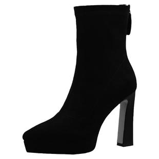 misili 10cm弹力靴粗跟短靴女 2026秋冬季新款高跟鞋防水台女靴子