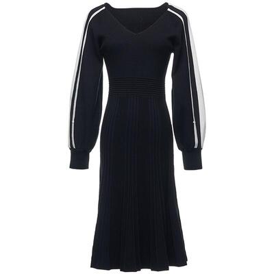 秋冬修身针织连衣裙撞色灯笼袖