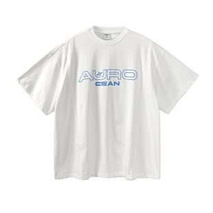Aurocean 清爽奶蓝油墨印花短袖T恤 320克重磅纯棉白色宽松大版t