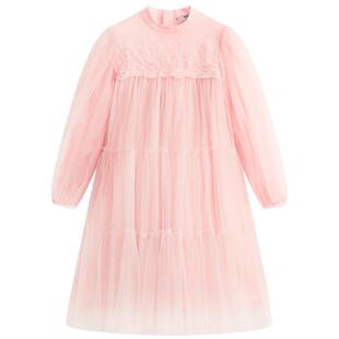 MQD童装女大童20年春季新款甜美可爱拼接网纱长袖连衣裙