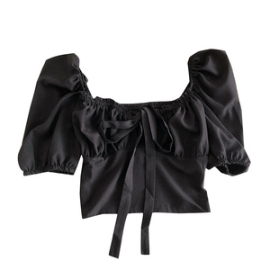 2022夏季新款法式甜美性感方领木耳边系带短款露肚脐衬衫上衣女