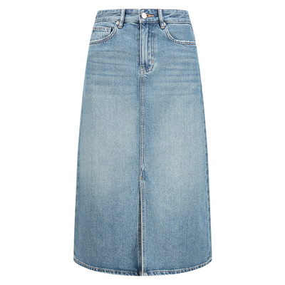 四面弹天丝牛仔裙高腰前开叉