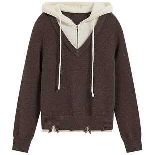 KBNE32支羊剪绒连帽假两件针织衫女2025冬季新款慵懒长袖别致上衣