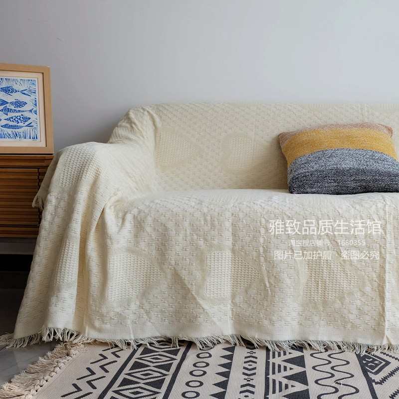 日式棉麻风素色米白全包加大沙发罩巾防猫抓加厚盖布桌布床盖毯子