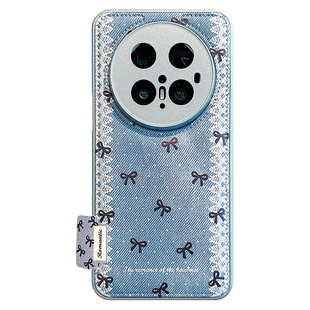 适用华为mate70pro+手机壳蓝色牛仔纹蕾丝围边波点蝴蝶结Mate60pro毛球挂绳MT5040pro气垫皮纹pura80pro+女款